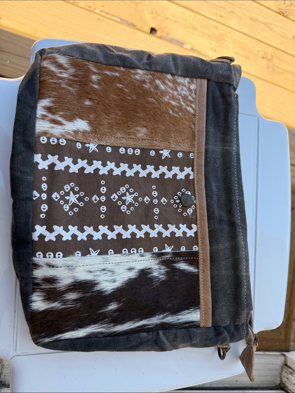 Hopofly Cowhide & Bandana Pattern Crossbody Bag - Brown & White NEW